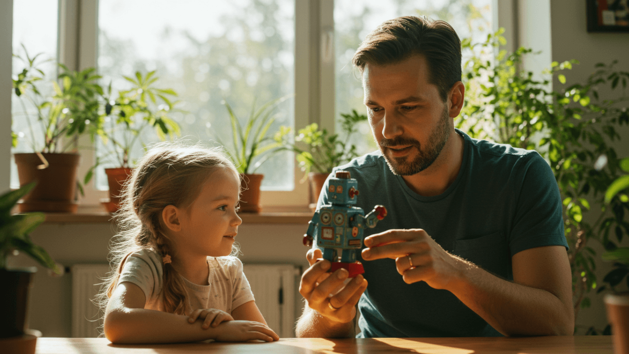 Man and girl looking at a vintage toy robot in a sunlit room with plants
