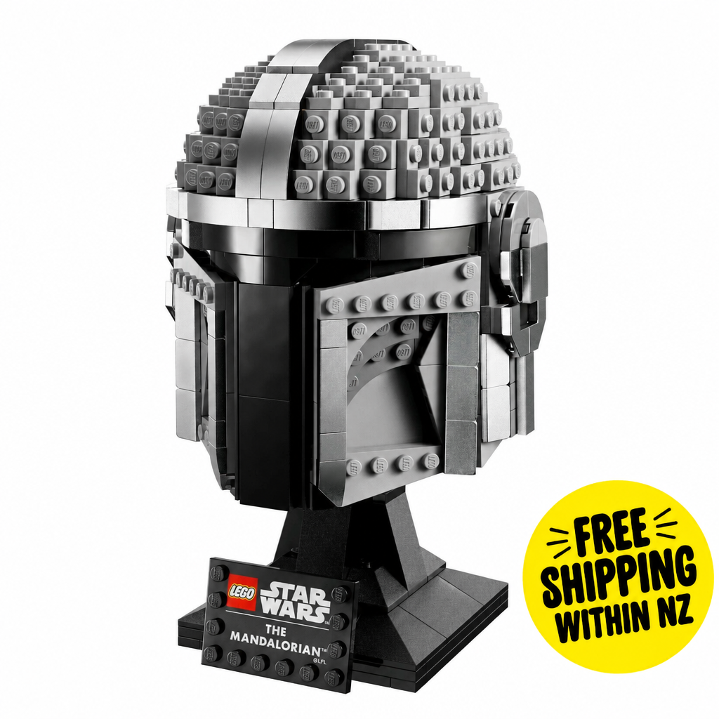 Mandalorian helmet with a large yellow free shipping within NZ sticker