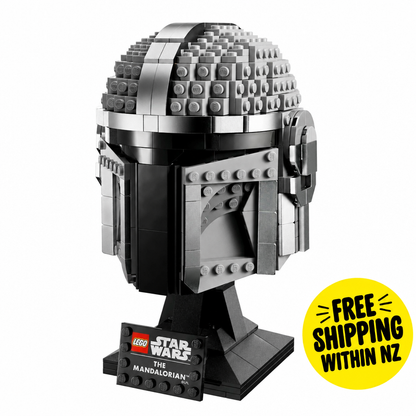 Mandalorian helmet with a large yellow free shipping within NZ sticker